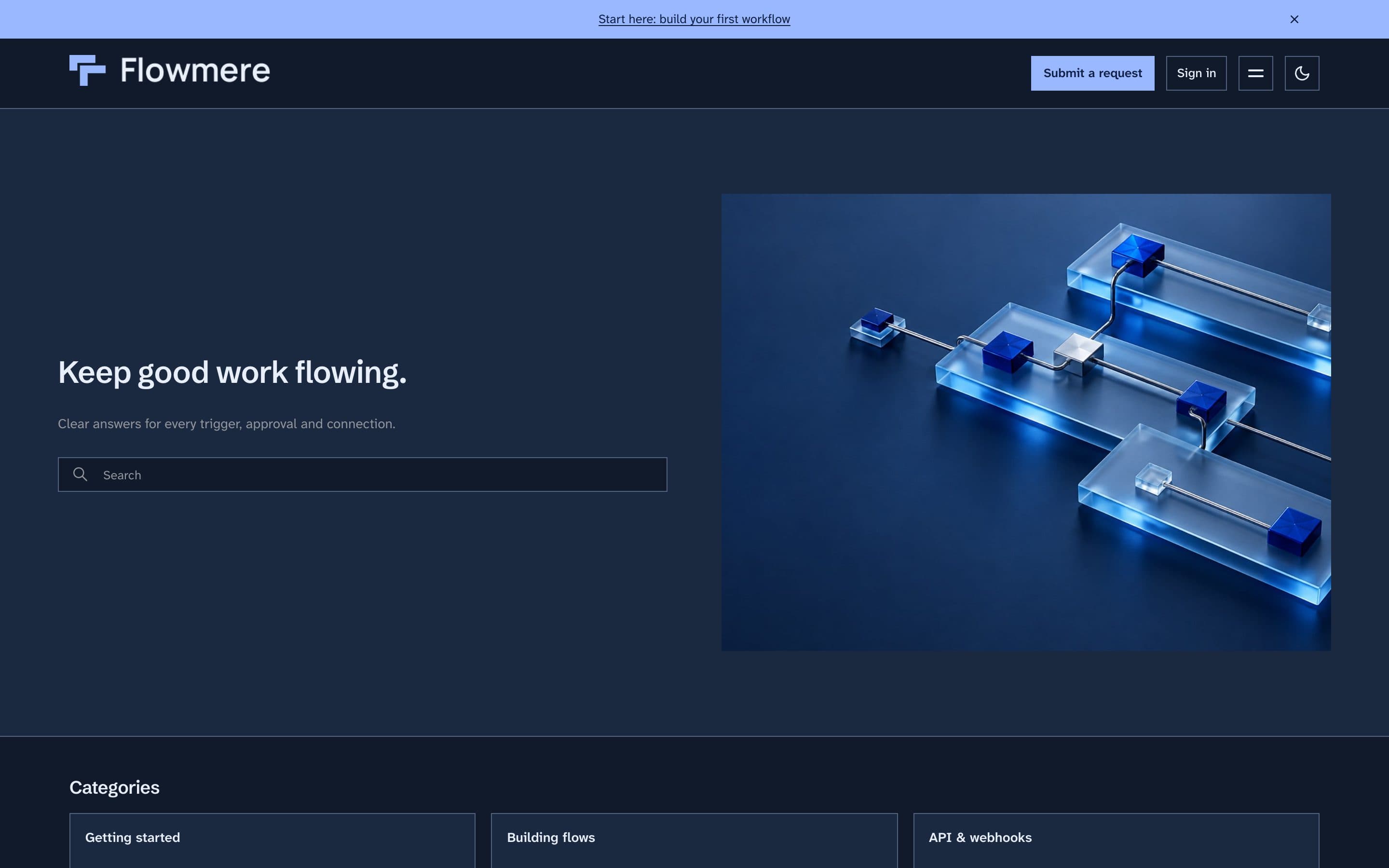 Flowmere Help Center home page in dark mode