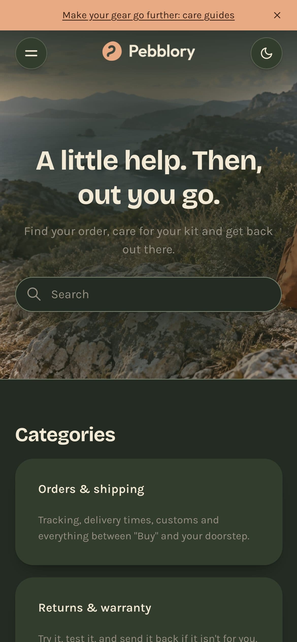 Pebblory Help Center on mobile, dark mode
