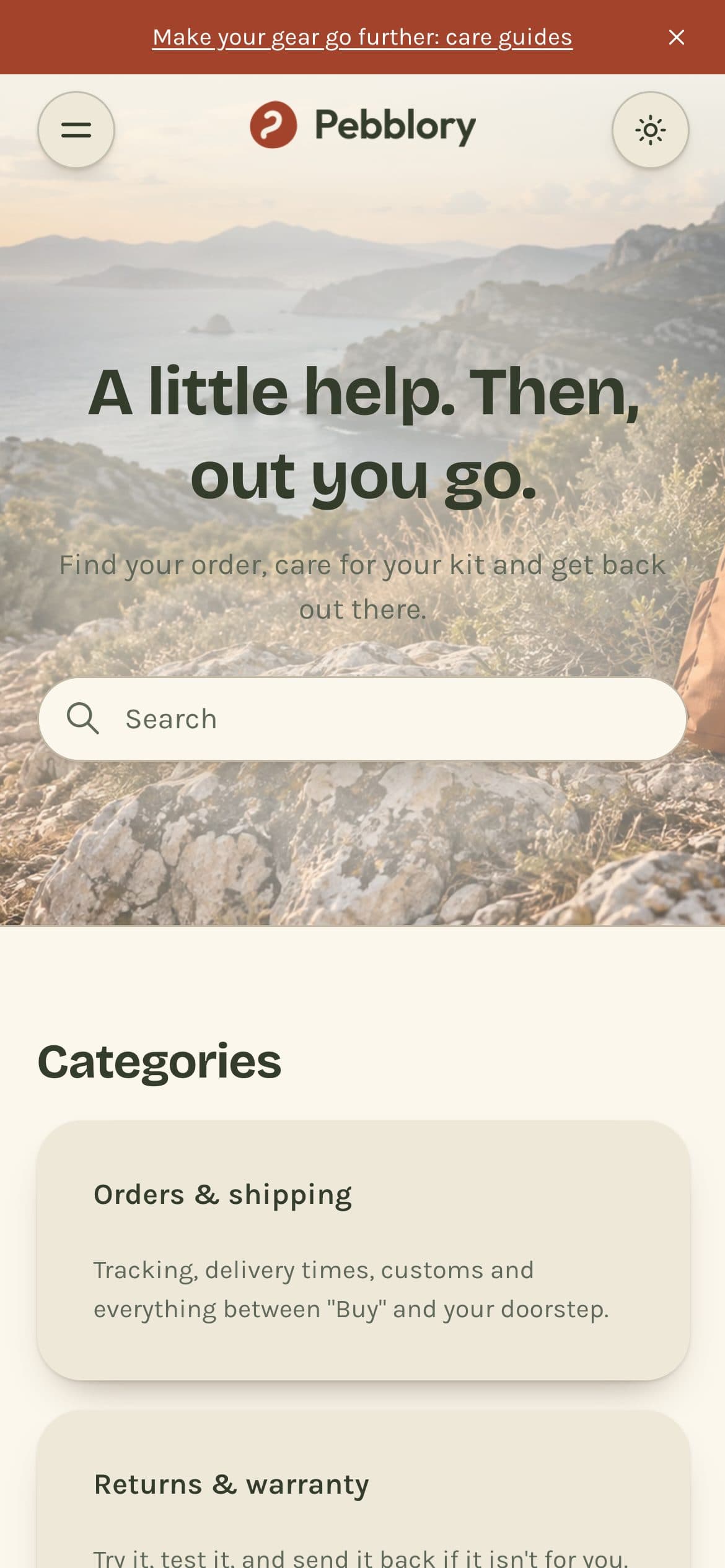 Pebblory Help Center on mobile, light mode