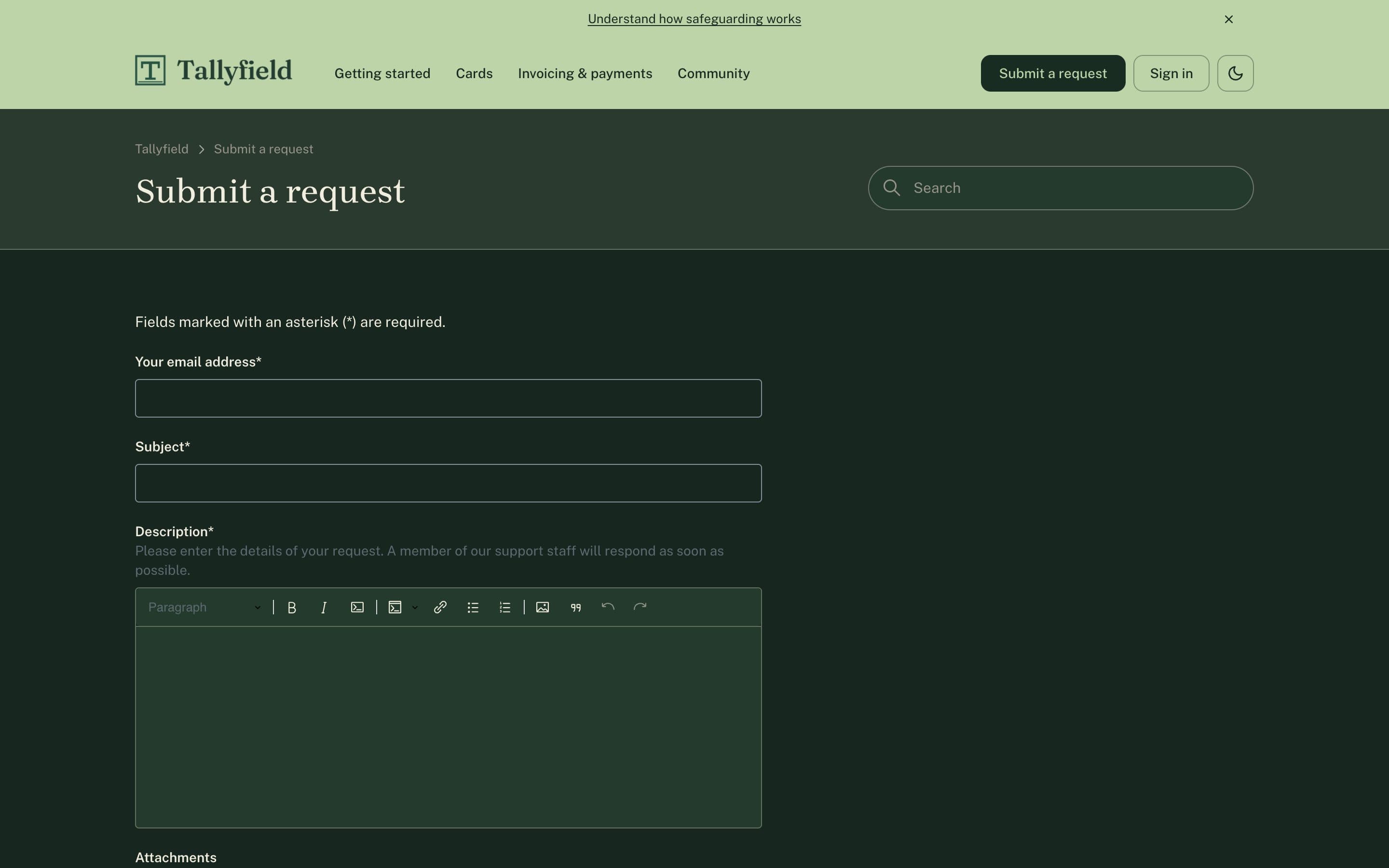 Submit a request form in dark mode